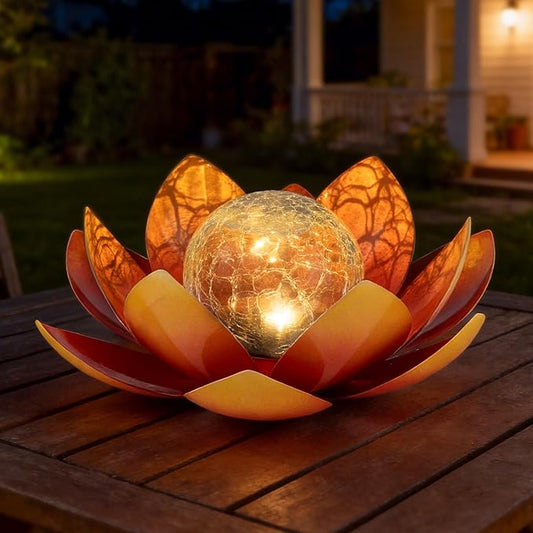 Huaxu Solar Lights Outdoor Garden Decoration Crackle Globe Glass Waterproof LED Metal Orange Lotus Flowers Gift for Mom,Women,Patio,Lawn,Walkway,Tabletop,Ground