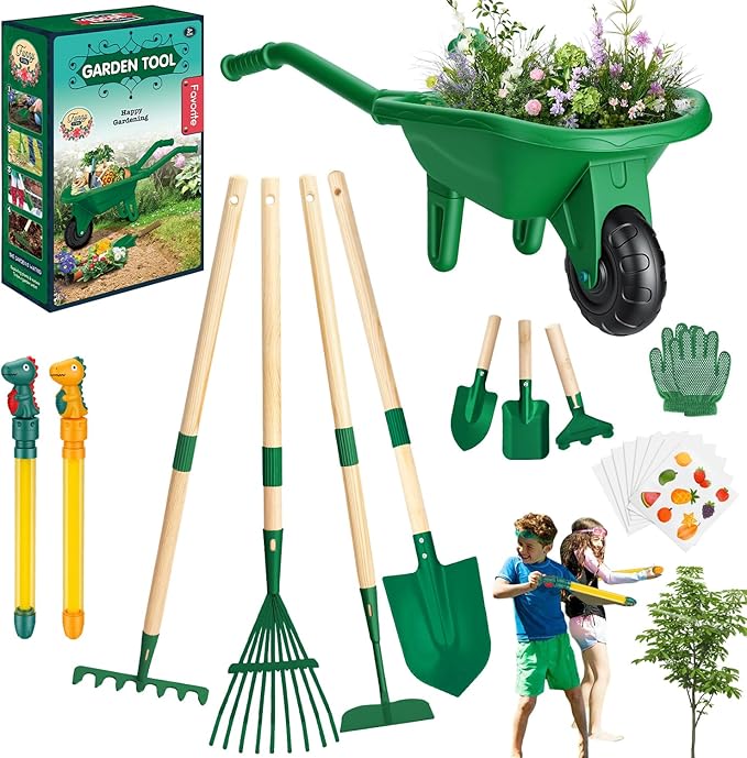 Kids Gardening Tools Set with Wheelbarrow, Wooden & Metal Outdoor Gardening Toys for Summer Outdoor Yard Digging & Weeding, Easter Birthday Gifts for Boys Girls Age 3+ Years (Green)