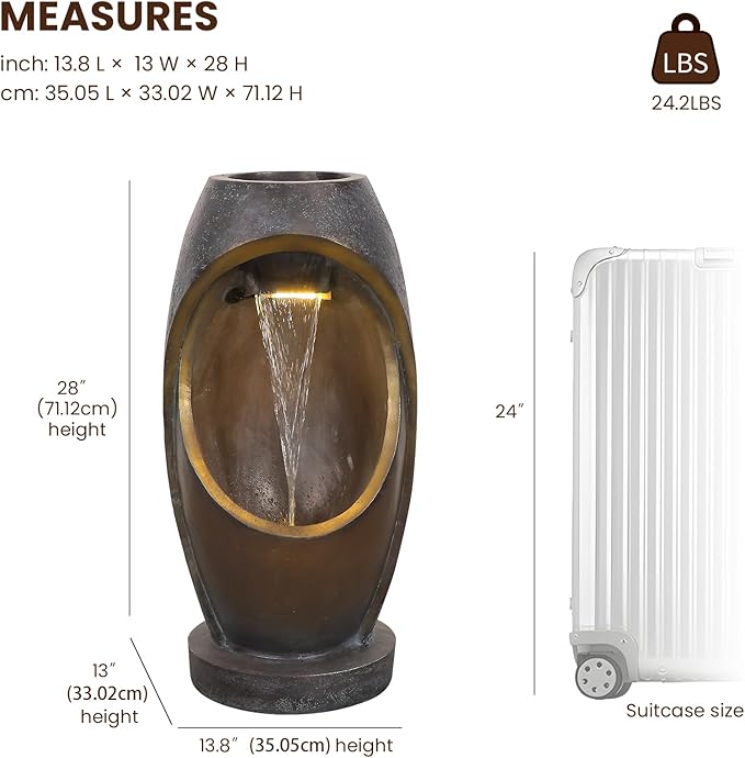 Tankana Waterfalll Water Fountain Outdoor Garden Patio Freestanding Fountains Water Feature with LED Lights, Planter Groove and Oval Cutout Design for Backyard Deck Porch Home Decor, Brown
