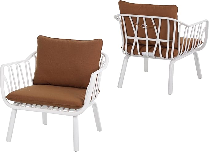 Christopher Knight Home Set of 2 Huron Indoor/Outdoor Polypropylene and Iron Frame Club Chairs, Patio Conversation Seating/Armchair for Garden, Backyard, Poolside, Removable Cushions, White+Brown