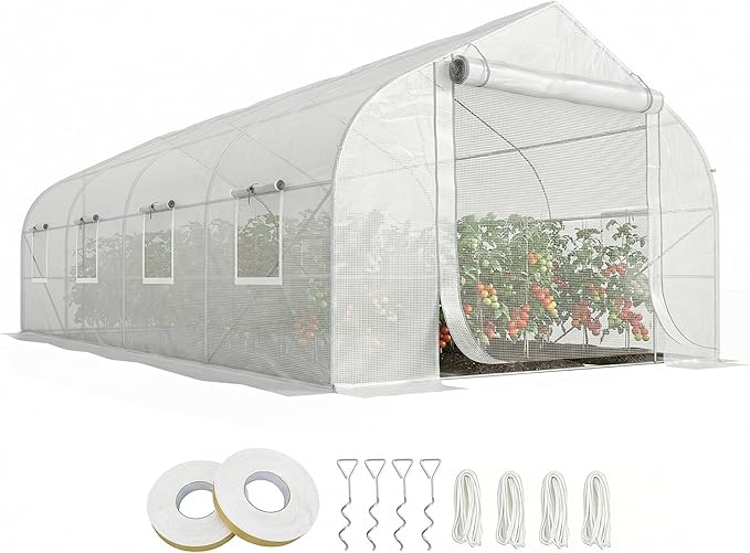 Outsunny 20' x 10' x 7' Walk-in Greenhouse, Tunnel Green House with Galvanized Steel Frame, Hoop House Kit with Zippered Door and 6 Windows, White