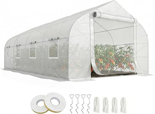 Outsunny 20' x 10' x 7' Walk-in Greenhouse, Tunnel Green House with Galvanized Steel Frame, Hoop House Kit with Zippered Door and 6 Windows, White