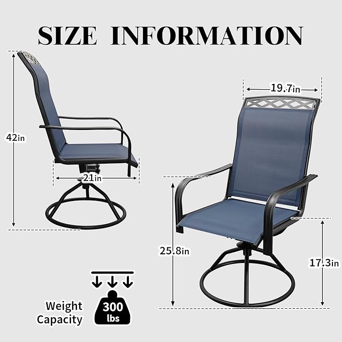 SHGJ&SOFT Patio Swivel Chairs, Waterproof Outdoor Dining Chairs with All-Weather Textilene Mesh for Deck, Garden, and Backyard (Patterned Backrest-Blue, Set of 2)