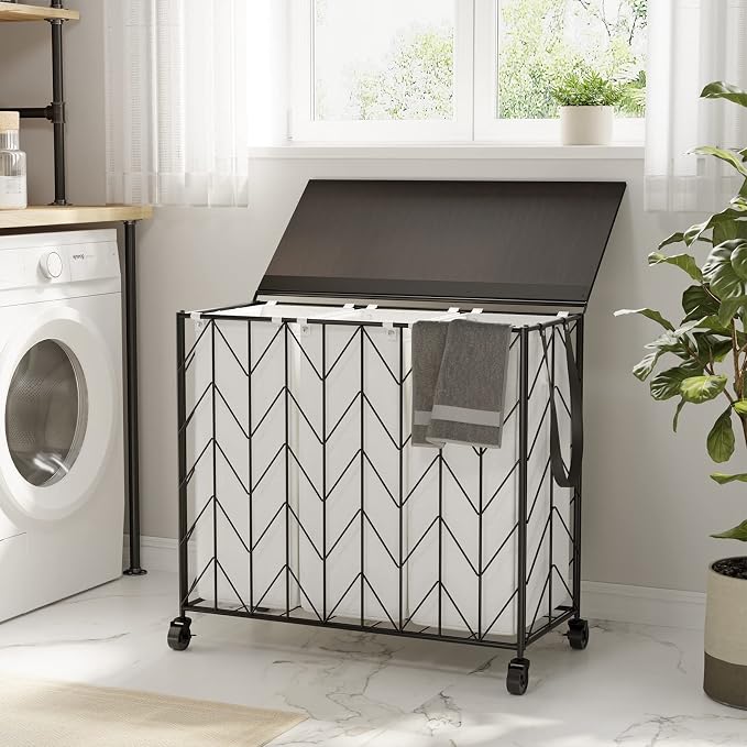 WOWLIVE Laundry Hamper 3 Section with Lid, 142L Laundry Basket with Wheels | Rolling Dirty Clothes Hamper with Removable Bags, Large Iron-Made Laundry Basket Organizer Laundry Sorter for Dorm, Beige