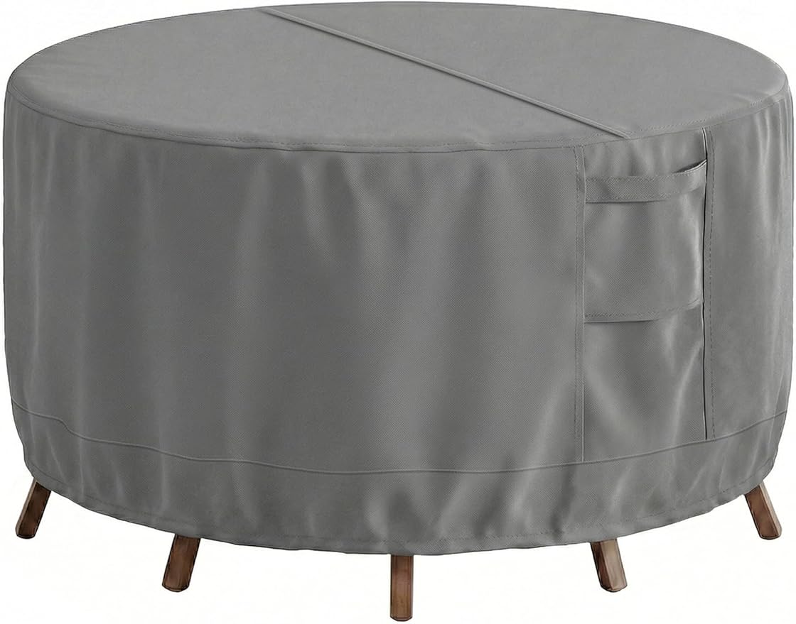 Vailge Patio Furniture Covers Round, Outdoor Furniture Covers Waterproof Windproof, 600D Oxford Outdoor Patio Table and Chair Cover (Grey, 110"DIAx28"H)