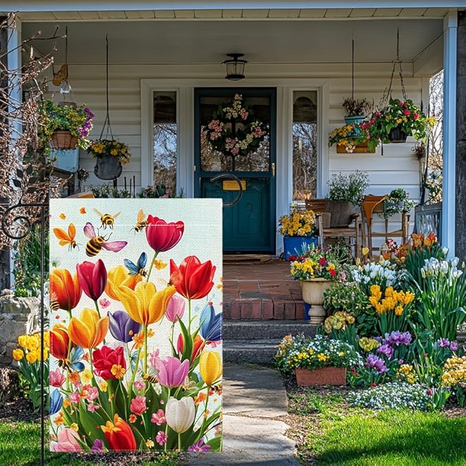 Spring Summer Tulip Garden Flag 12x18 Inch Double Sided, Colorful Welcome Yard Decor, Farmhouse Outdoor Flag for Lawn Patio Porch