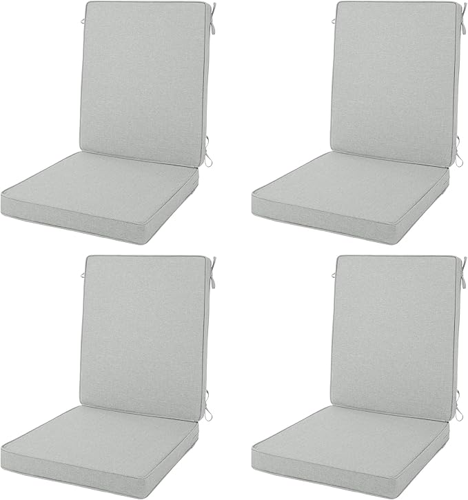 Outdoor Chair Cushions 20x20, Water-Resistant & Fade-Resistant, Patio Furniture Lawn Dining Chair Seat Replacement with High Back, Ties Zipper, Removable Cover, Set of 4, Light Grey