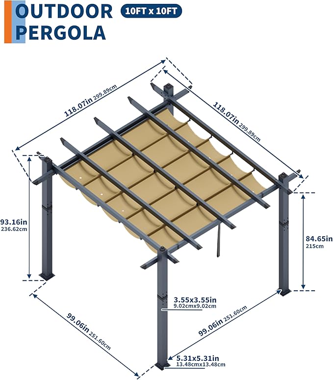 GarveeLife 10x10 ft Aluminum Pergola Outdoor Metal Gazebo with Adjustable Canopy Reinforced Frame Outdoor Shelter for Backyard Garden and Deck - Khaki