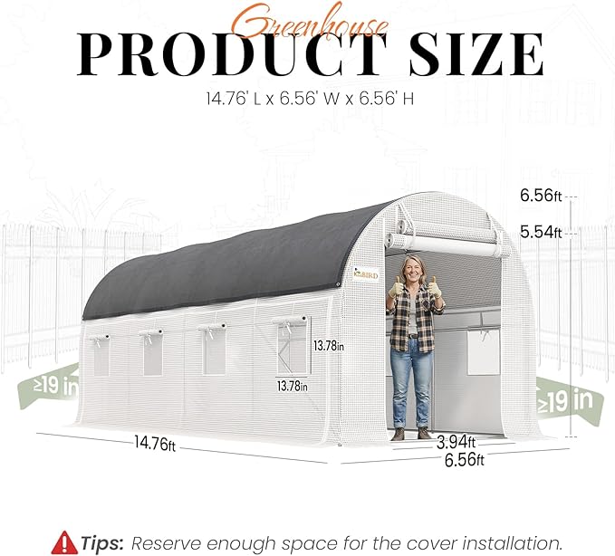 KING BIRD Premium 15x7x7 FT Greenhouse for Outdoors, Large Walk-in Heavy Duty Galvanized Steel Frame, Mesh Door Screen Window Tunnel Hoop Garden Plant Winter Hot House with Side Mesh&Shade Net, White