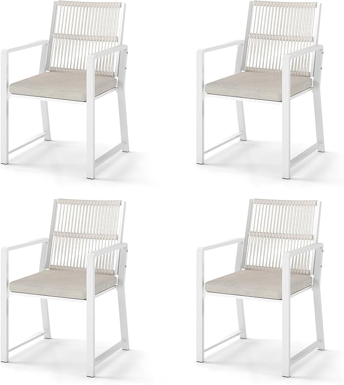 Outdoor Patio Wicker Rattan Dining Chairs, Heavy-Duty Wrought Iron Frame Supports 300lbs, Ergonomic Backrest, Detachable Breathable Cushion, for Garden & Porch, White, Set of 4