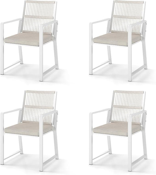 Outdoor Patio Wicker Rattan Dining Chairs, Heavy-Duty Wrought Iron Frame Supports 300lbs, Ergonomic Backrest, Detachable Breathable Cushion, for Garden & Porch, White, Set of 4