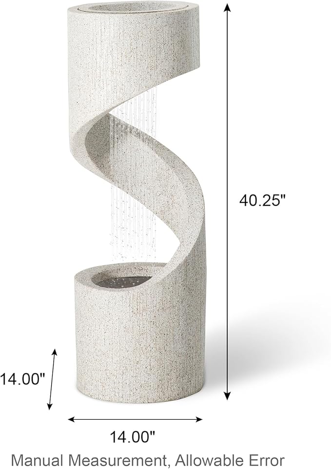 Glitzhome Outdoor Water Fountain, 40.25" H Modern Faux Terrazzo Spiral Shaped Outdoor Fountain with Pump and LED Lights, Polyresin Waterfall Fountain Water Feature for Garden, Patio, Porch Decor