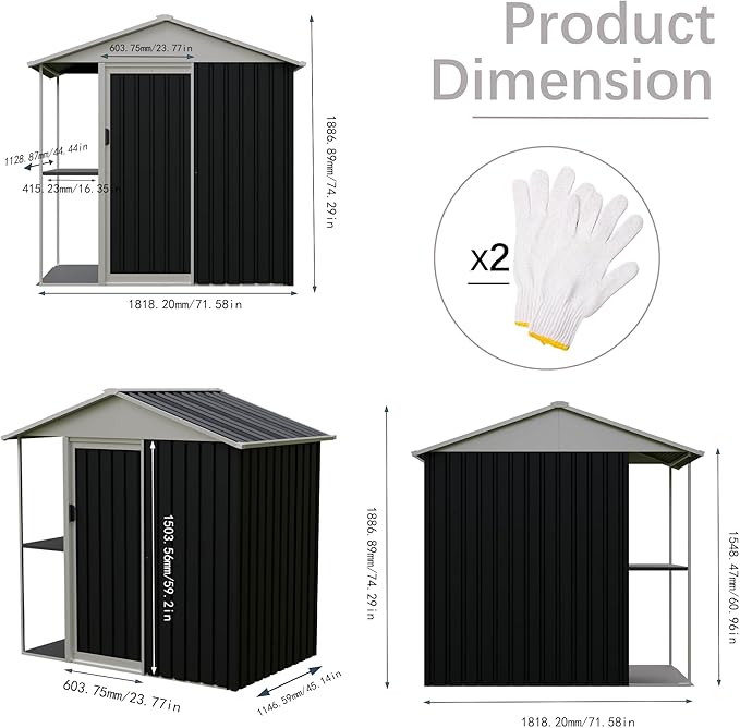 6'x4' Outdoor Storage Shed with External Rack AMD Shelves, Heavy Duty Metal 2-in-1 Garden Tool Buliding Shed with 1.3'x3.7' Open Side Storage Area for Bike, Lawn, Patio, Backyard
