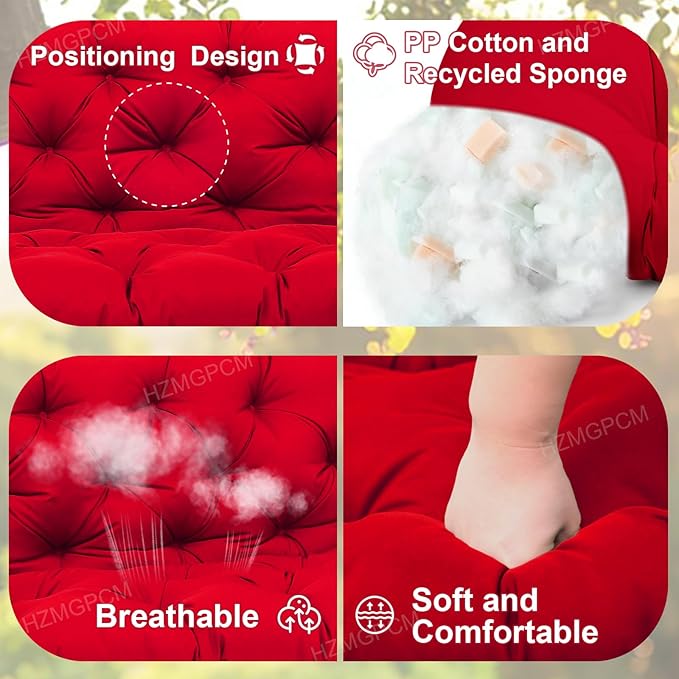 Extra Thick 5" Waterproof Porch Swing Cushions Outdoor 48 inch Swing Cushions 2-3 Seater Replacement with Backrest and Ties for Outdoor Furniture Patio Bench Garden (Bright red)