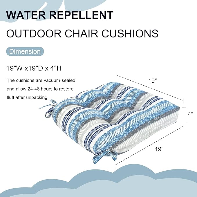 DYTXIII Set of 2 Outdoor Chair Cushions 19"x19"x4", Water Repellent Tufted Patio Seat Cushions with Ties, Thick Replacement Pads for Wicker Dining Chairs, Patio Furniture, Stripe Layered Blue