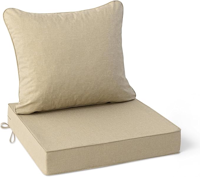 Summsun Outdoor Chair Cushions 24 x 24 Inch, Faux Linen Patio Furniture Cushions, Water Resistant Backrest and Deep Seat Cushion Set with Ties, Removable Cover, Non-Slip Bottom, Nature