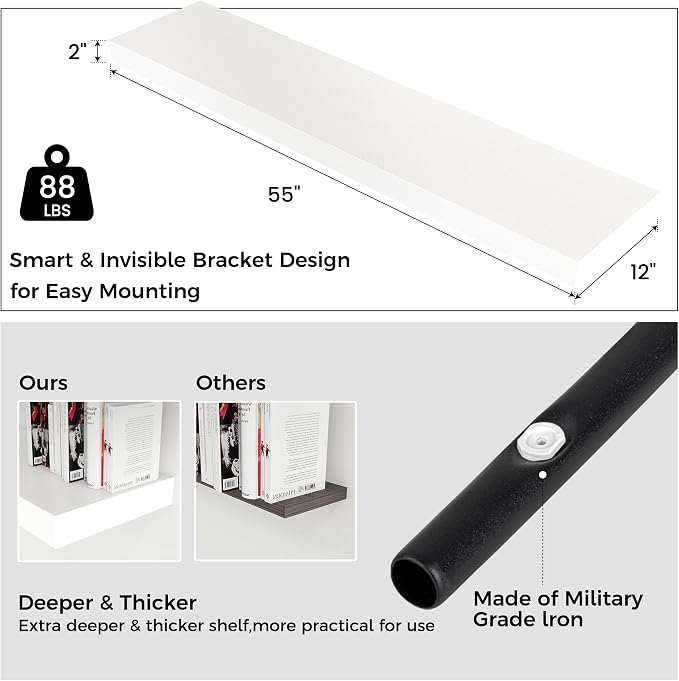 55 Inch Floating Shelves for Wall, 12"D Wood Storage Shelves, White Finish