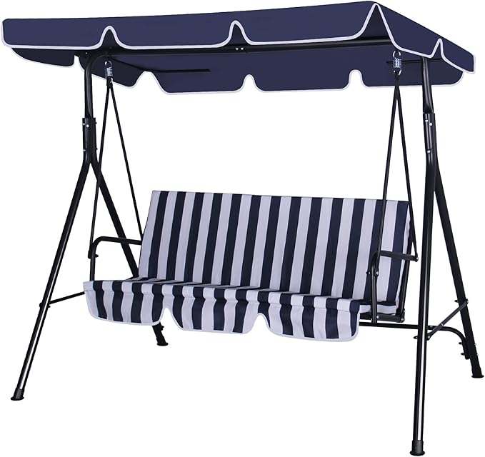 GARTOO 3-Seat Patio Swing Chair, Outdoor Porch Swing with Adjustable Canopy and Durable Steel Frame for Patio, Garden, Poolside(Nevy Blue)