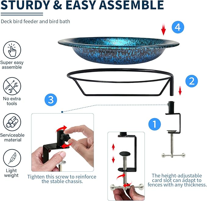TIANCENTRAL H Deck Mounted Bird Bath for Outside, Detachable Birdbath Bowl with Sturdy Clamp,Easy Setup Outdoor Bird Feeder for Garden Patio Lawn Yard Decoration-11.5 Inch Blueblack
