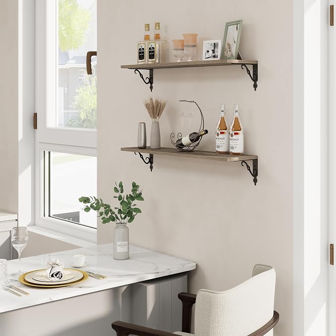 RICHFOCUS Floating Shelves for Wall Decor, 31.5W x 8D Shelves Set of 2, 8" Deep Rustic Wood Floating Shelves Wall Mounted with Metal Brackets, Shelves for Living Room Bedroom Kitchen, Grey