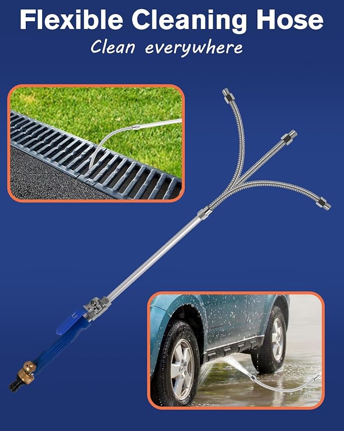 Garden High Pressure Hose Nozzle, Jet Nozzle High Pressure Hose Nozzle Tool Attachment with 2 Different Nozzles, Quick Connect Flexible Wand Lance for Gutter Patio Car Pet Window (Blue)