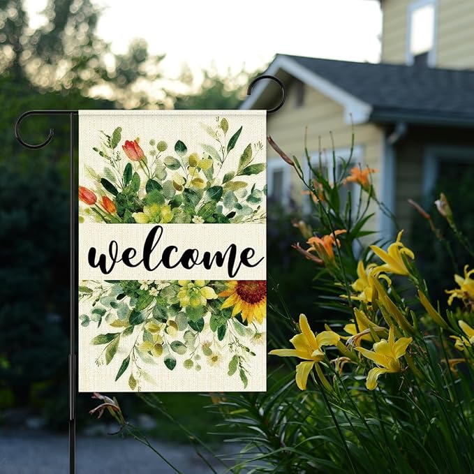 Welcome Flags for Outside,Spring Eucalyptus Garden Flag for Yard Patio Lawn Decoration,12x18 Inch Double Sided
