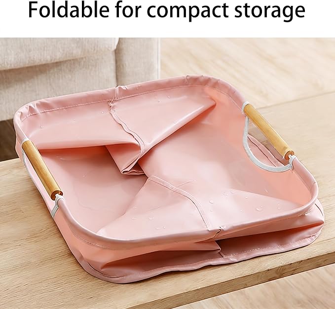 Collapsible Laundry Hamper Bag with Wooden Handles - 72L/19 Gallon Large Capacity Waterproof Oxford Cloth Storage Basket, Freestanding No Wire Frame, for Dorm Room, Bedroom, Bathroom (Max-Pink)