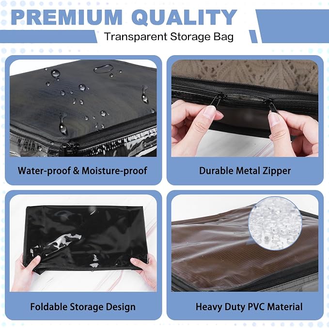 Clear Zippered Plastic Clothes Storage Bags, 6 Pack, Black