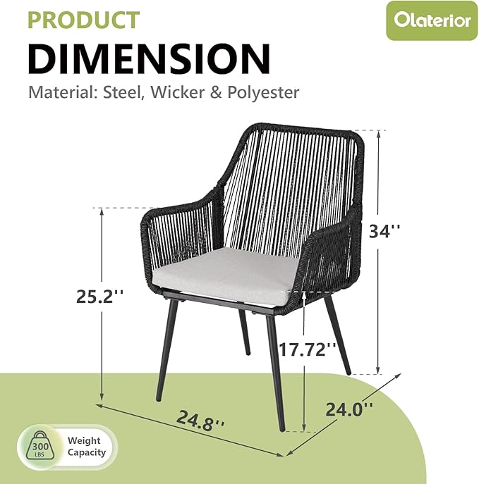 Patio Dining Chairs, Outdoor Dining Chairs with Armrest and Cushion Set of 6, Woven Twisted Wicker Rattan Chair, Modern Indoor Outdoor Seating for Garden, Lawn, Backyard, Black