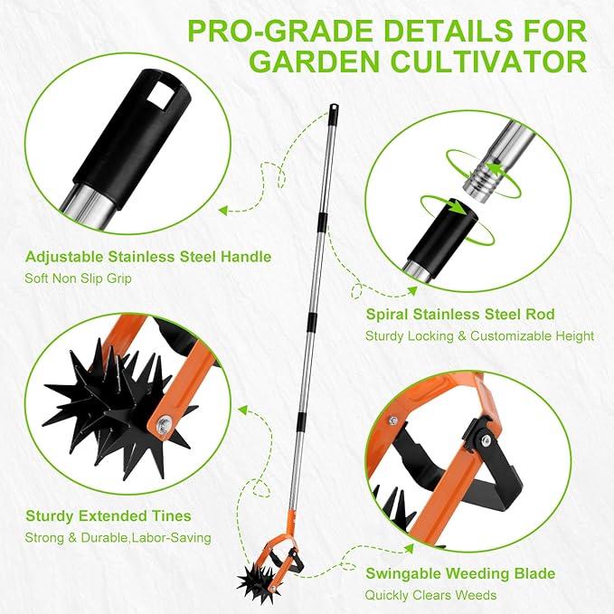 Rotary Cultivator Garden Rotary Tiller with Adjustable Stainless Steel 43"-72" Long Handle,Heavy Duty Hand Rolling Tiller Tines Garden Tool for Aerate