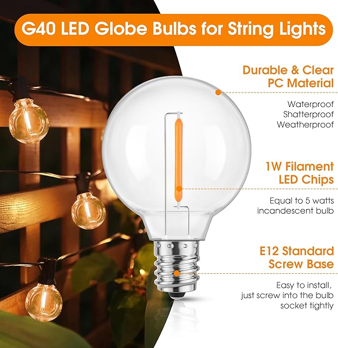 Mlambert G40 LED Replacement Light Bulbs for String Lights, Dimmable E12 Base Shatterproof Bulbs, 1W Equal to 5W, Amber Warm 2200K, 50Pack, Not Solar