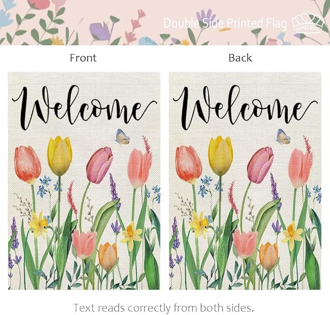 CROWNED BEAUTY Spring House Flag Floral 28x40 Inch Double Sided for Outside Tulips Welcome Burlap Large Yard Holiday Flag CF743-40