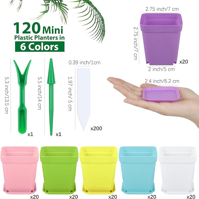 Hahood 120 Pack Mini Plastic Planters 3 Inch Flower Seedling Nursery Pots with Pallet Colorful Square Flower Plant Pots Seed Starting Pots with Labels and Tools for Home Garden Flowers Plants,6 Colors