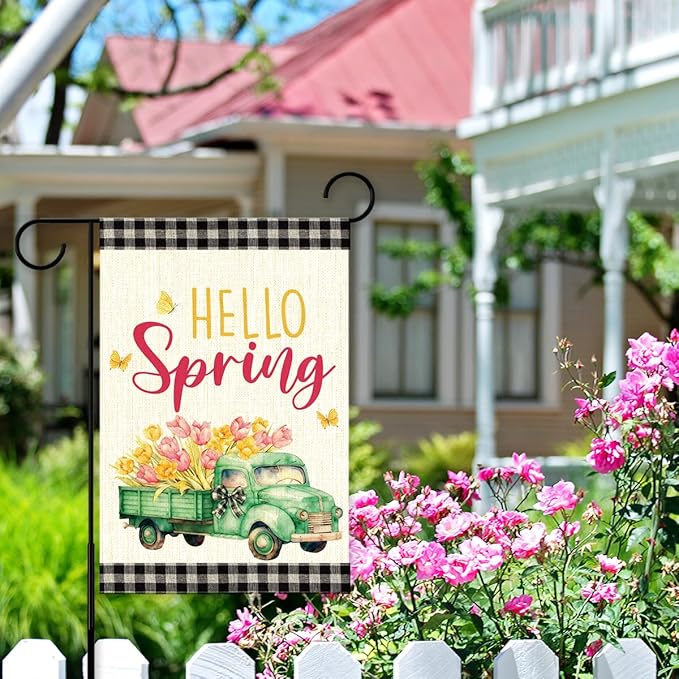 Hello Spring Flags for Outside,Buffalo Plaid Floral Truck Garden Flag for Yard Patio Lawn Decoration,12x18 Inch Double Sided