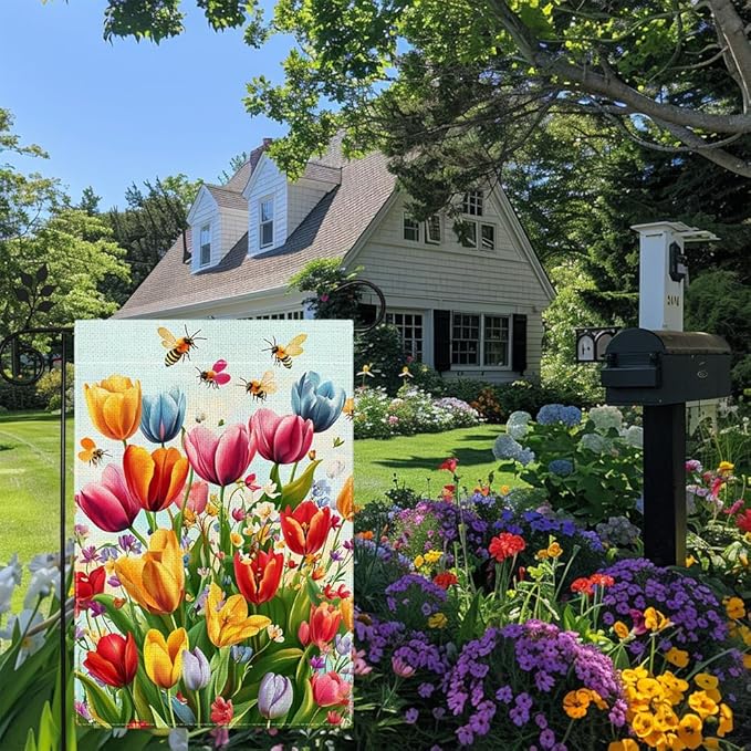 Spring Summer Tulip Garden Flag 12x18 Inch Double Sided, Colorful Welcome Yard Decor, Farmhouse Outdoor Flag for Lawn Patio Porch