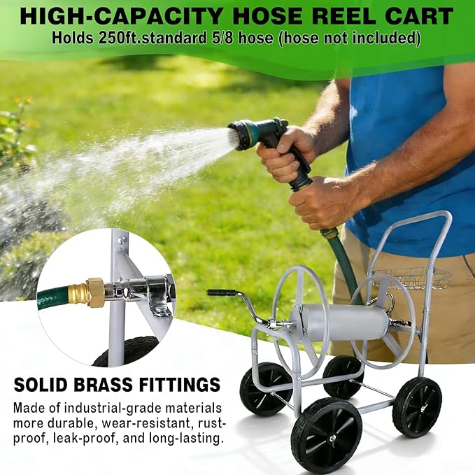 Hose Reel Cart, 250 FT of 5/8’’ Hose, Heavy-Duty Water Hose Cart with 4 Wheels, Storage Basket, Portable Water Hose Organizer for Outside Yard, Outdoor Planting Tool (Sliver)