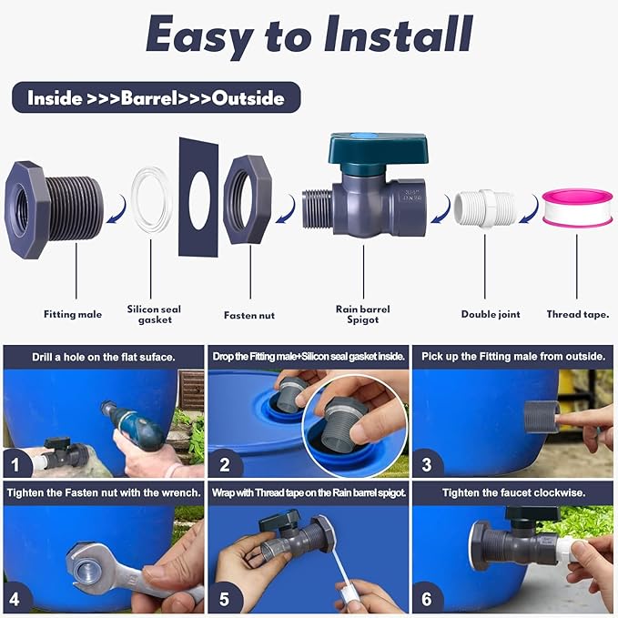 2 Sets 3/4 Inches Rain Barrel Spigot Kit Water Barrel PVC Garden Diverter Kit Include Bulkhead Fitting Hose Faucet Adapter and Thread Seal Tape for Home Outdoor(Classic Style)