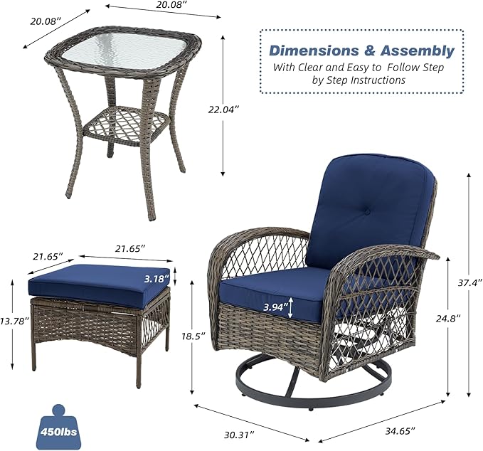 MELLCOM 5 Pieces Patio Furniture Set, Outdoor Swivel Rocker Patio Chairs with Ottomans, Wicker Conversation Set with Rocking Chairs and Glass Coffee Table for Backyard, Navy Blue