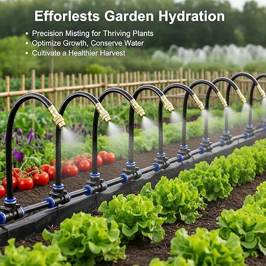 360° Adjustable Drip Irrigation System - 17FT Garden Watering System with 5 Nozzles, Garden Irrigation System, Greenhouse Accessories, Atomizing System for Yard, Lawn, Plants, 5/16 inch Hose