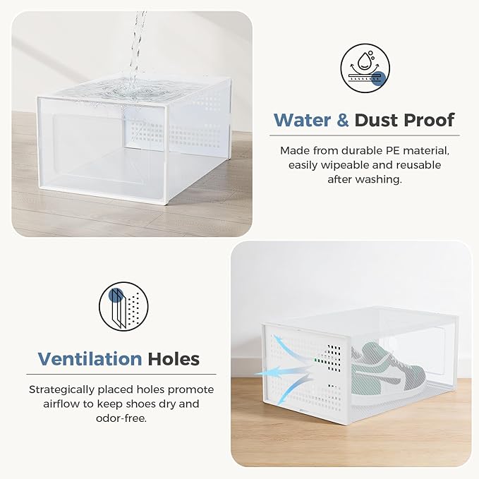 DUMOS Shoe Storage Boxes, 15 Pack Stackable Clear Shoe Containers with Lids, Display Sneaker Case Organizer for Closet, Under Bed, Entryway,White, Fit Size 11