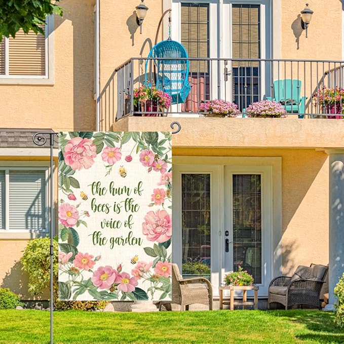The Hum Of Bees Is The Voice Of The Garden Flags for Outside, Bees Friendly Garden Flag, Honey Bee Floral House Banner, National Pollinator Week Yard Sign Decor, Gardening Gifts for Bee Lover