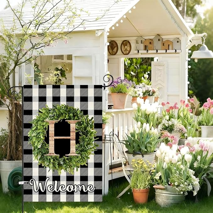 Baccessor Monogram Letter H Garden Flag 12.5 x 18 Inch, Buffalo Plaid Family Last Name Initial Boxwood Wreath Welcome Vertical Double Sided Small Flags for Outdoor Outside Decoration