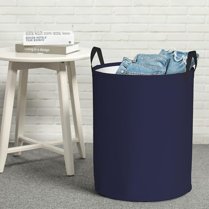 19.6" Large Laundry Hamper Bag, Navy Blue Modern Collapsible Laundry Basket Dirty Clothes Organizer Washing Bin for Family Essentials Storage