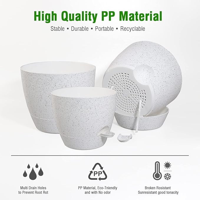 UOUZ 10/9/8 inch Self Watering Pots, Set of 3 Plastic Planters with Mesh Drainage Holes and Deep Reservoir for Indoor Outdoor Garden Plants and Flowers, White Speckles