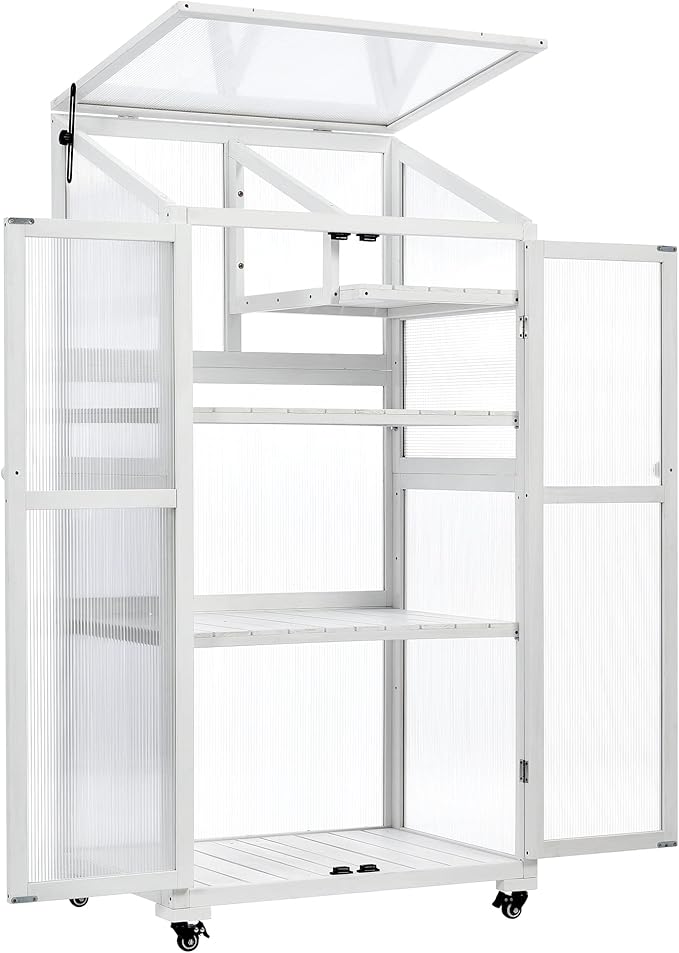 62'' H Wood Greenhouse for Outdoors, Portable Cold Frame Greenhouses with Wheels & Adjustable Shelves for Indoor, Garden, Patio Balcony,Easy Assembly,White