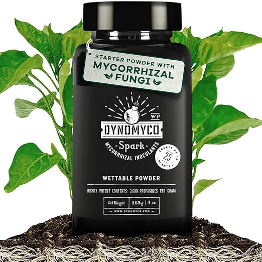 DYNOMYCO Spark Mycorrhizal Fungi, 4oz Wettable Powder – 3-In-1 Root Enhancer Turbocharges Nutrient Uptake & Yield – Treats 25 Plants, Indoor/Outdoor Bio-Stimulant – Dissolves Fast in Seed Starter Soil