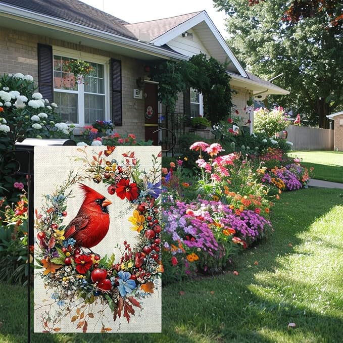 Spring Summer Cardinal Bird Garden Flag 12x18 Inch Double Sided, Floral Welcome Yard Decor, Farmhouse Outdoor Flag