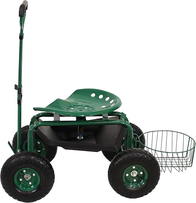 Sunnydaze Garden Cart with Wheels - Garden Stool on Wheels - Rolling Gardening Seat with Extendable Handle - Swivel Seat - Green