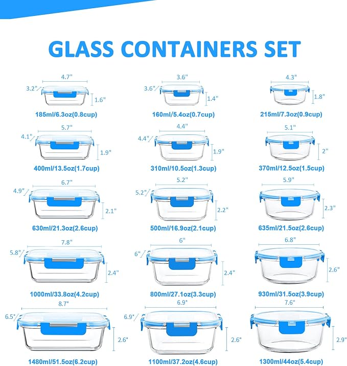 KOMUEE 30 Pieces Glass Food Storage Containers Set, Blue