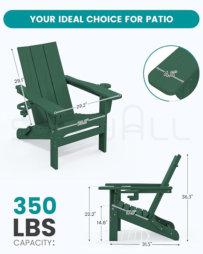 SERWALL Modern Adirondack Chair Set of 2, Folding Adirondack Chair with Cup Holders, Fire Pit Chairs, Lawn Chair for Patio Garden, Green